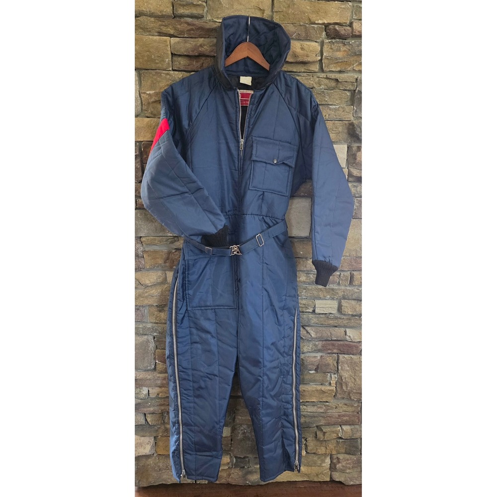 VTG Retro Apres-Ski Insulated USA Navy Red Stripe Belted Snowmobile Suit M